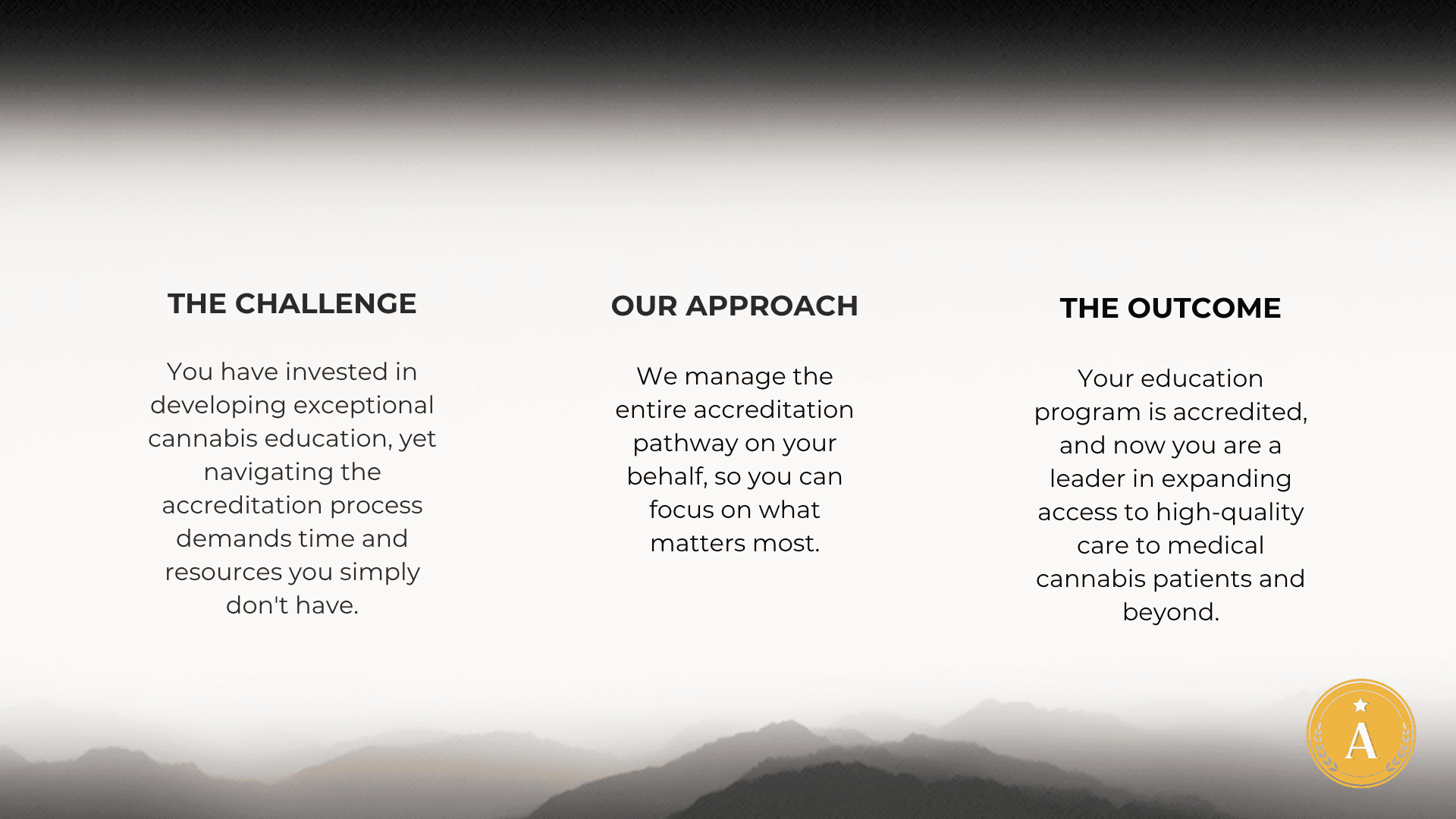 The Challenge: You have invested in developing exceptional cannabis education, yet navigating the accreditation process demands time and resources you simply don't have. Our Approach: We manage the entire accreditation pathway on your behalf, so you can focus on what matters most. The Outcome: Your education program is accredited, and now you are a leader in expanding access to high-quality care to medical cannabis patients and beyond.